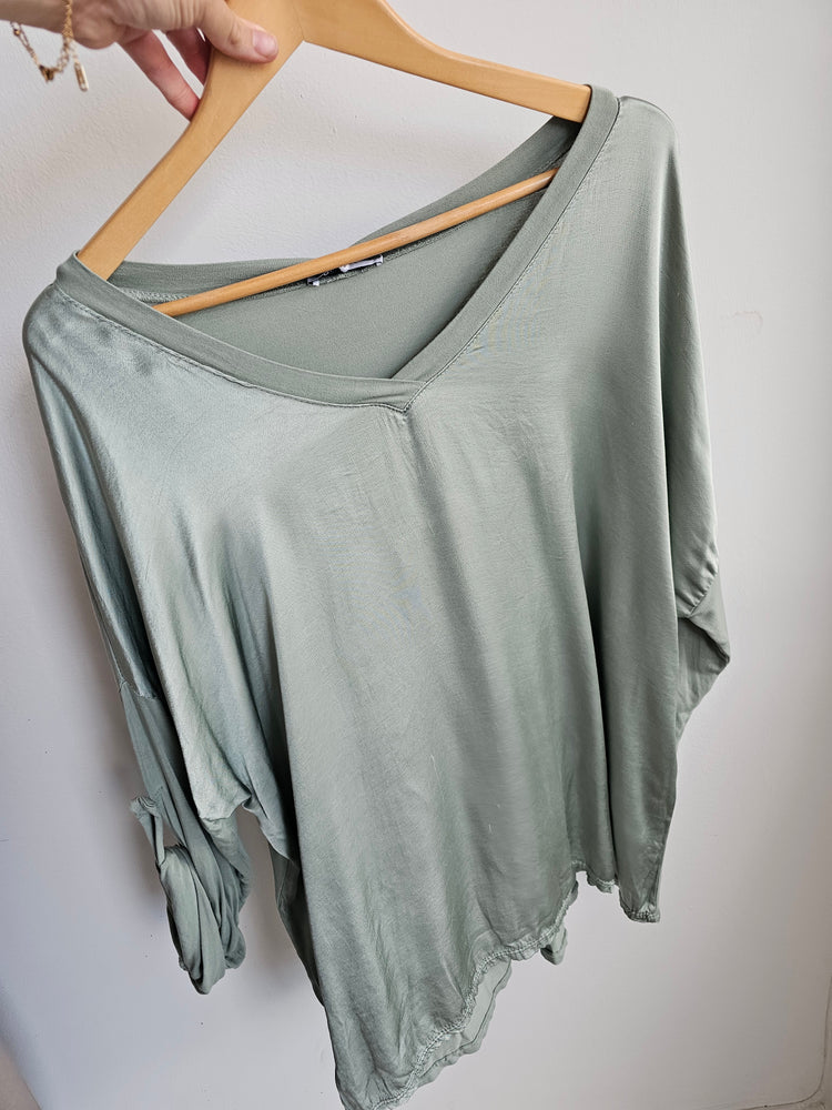Sloane Satin Front V-neck Blouse in khaki