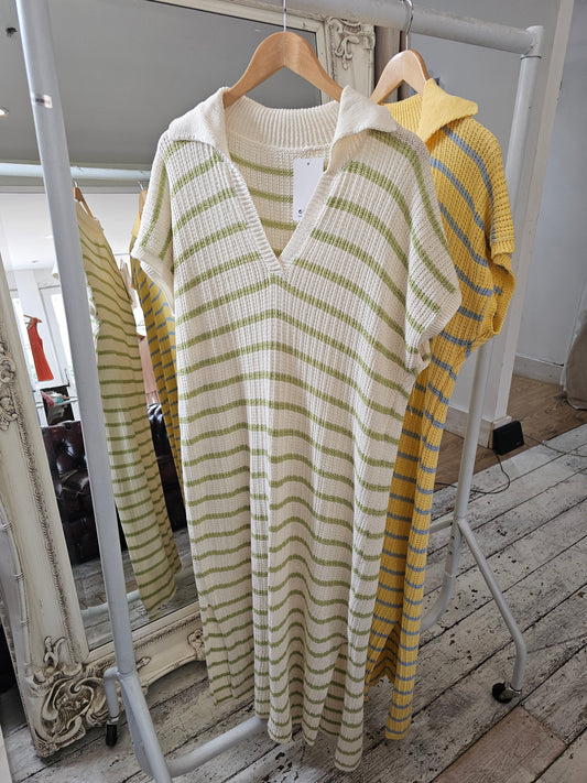 Cleo collared knitted midi dress in beige/light khaki stripe
