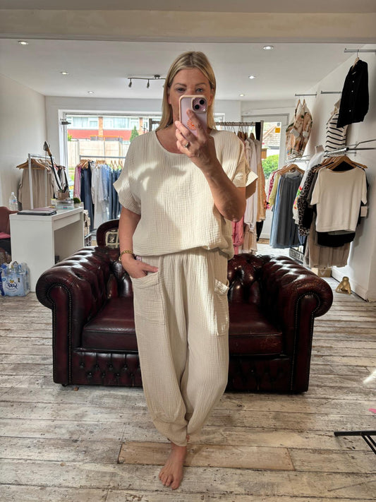 ELSIE CHEESECLOTH TWO PIECE SET IN BEIGE