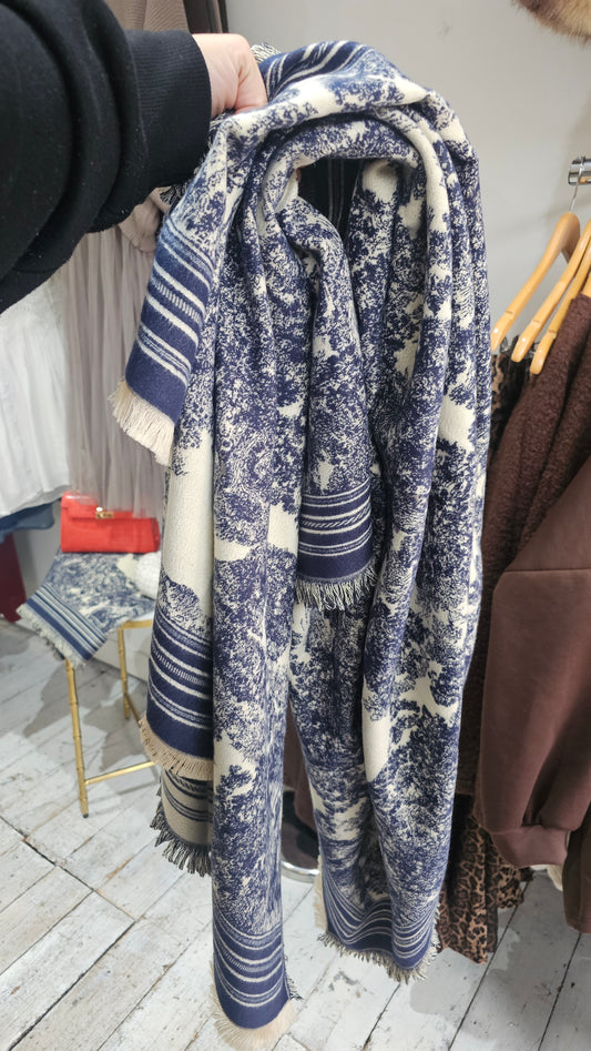 Jungle print wool blend scarf in navy