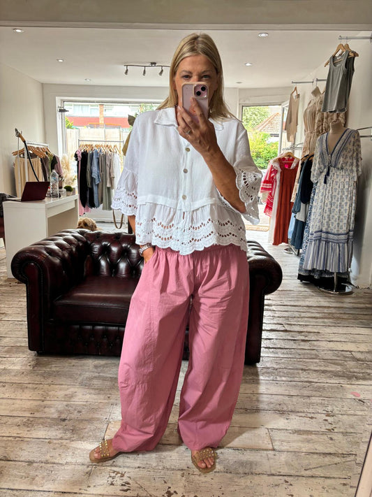 Eleanor Cotton Barrel Leg Trousers in rose pink
