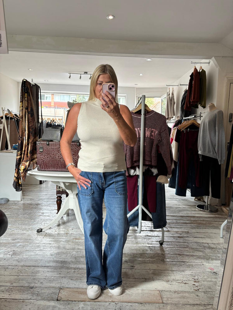 Kendall ribbed high neck top in beige