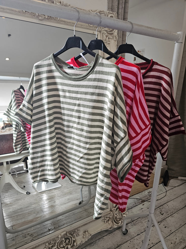 Demi Cotton Knitted Cropped Stripe Tee in khaki