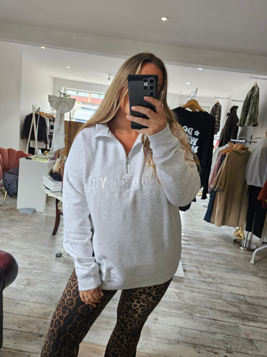 Brooklyn Half Zip Oversized fit Sweatshirt in MARL GREY