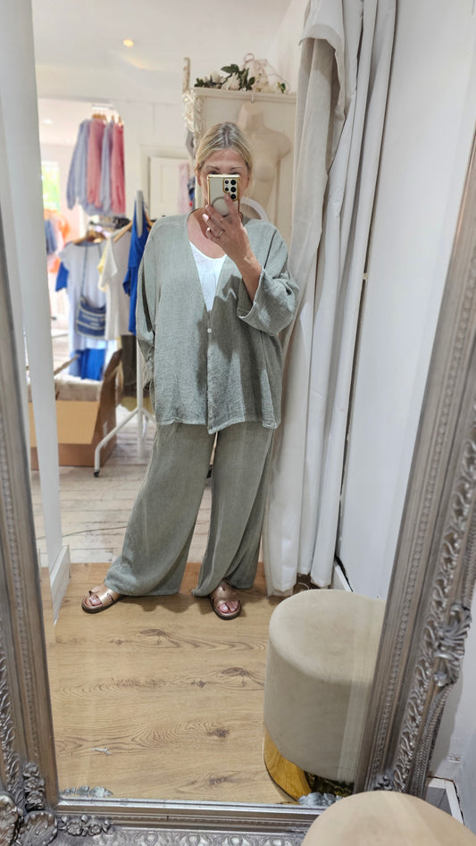 Isla V Neck Linen Blend Top in Khaki