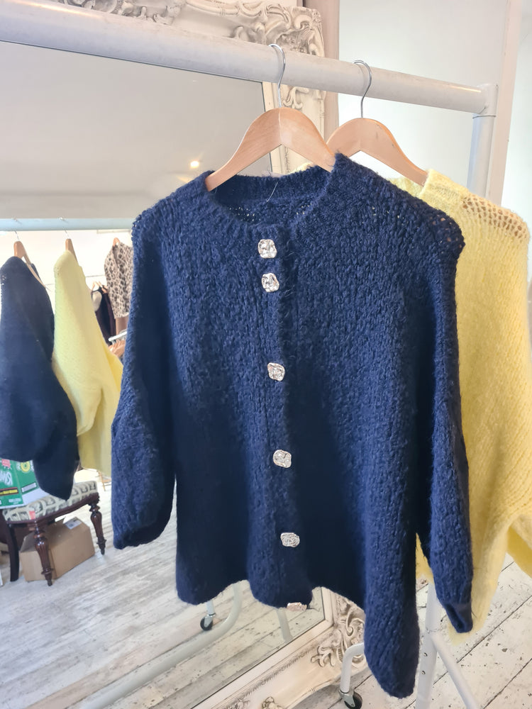 Minnie gold button detail cardigan in navy