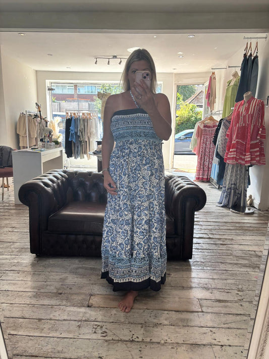 FLEUR FLORAL PRINT SHIRRED BUST BARDOT DRESS IN BLUE