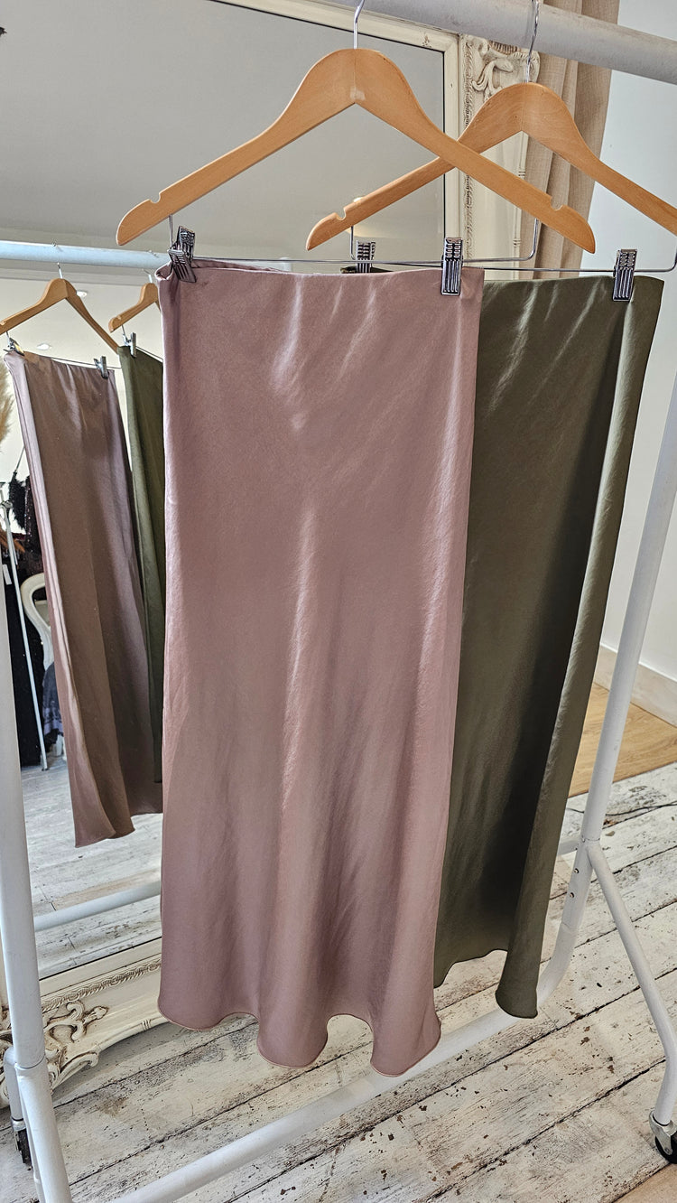 Eden Bias Cut Satin Midi Skirt in champagne
