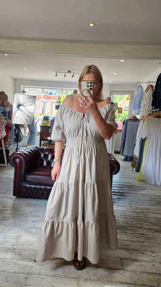 Olivia Cotton Puff Sleeve Shirred Waist Maxi Dress in Beige
