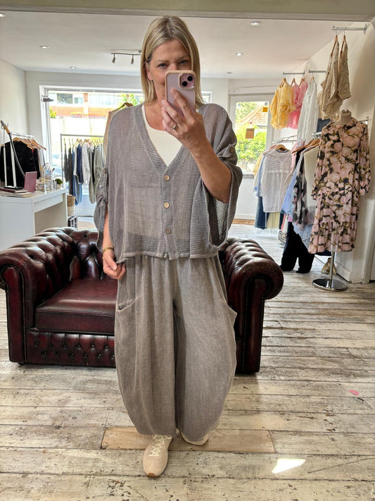 SOPHIA LINEN BLEND MESH BUTTON UP CARDIGAN IN truffle
