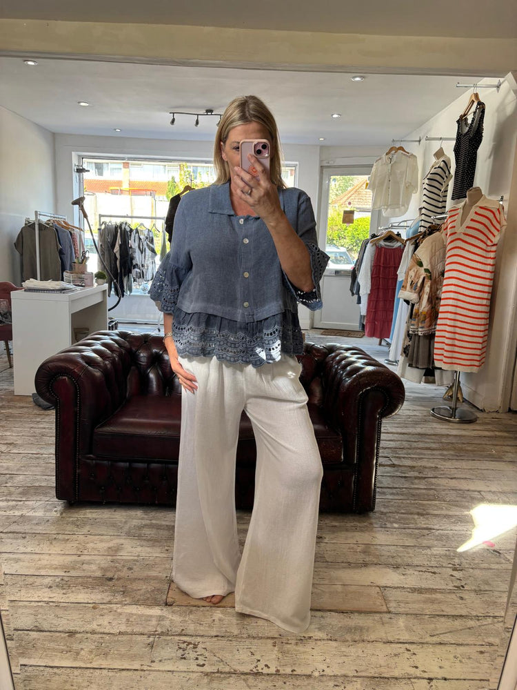 LILY LINEN BLEND ANGLAISE HEM SHIRT IN Navy