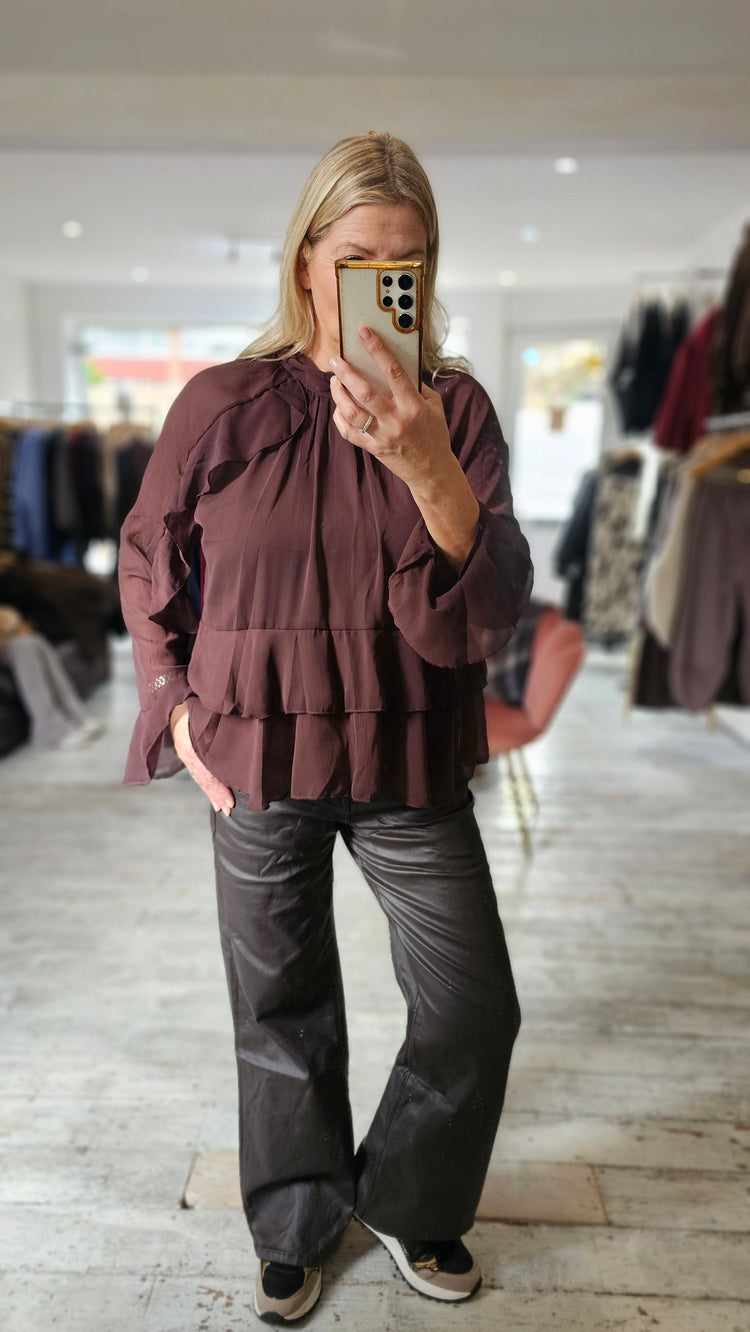 Lottie high neck frill detail blouse in chocolate
