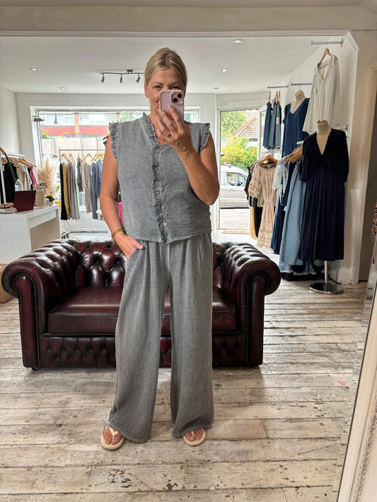 MAISIE FRILL EDGE BUTTON UP LINEN BLEND VEST IN grey