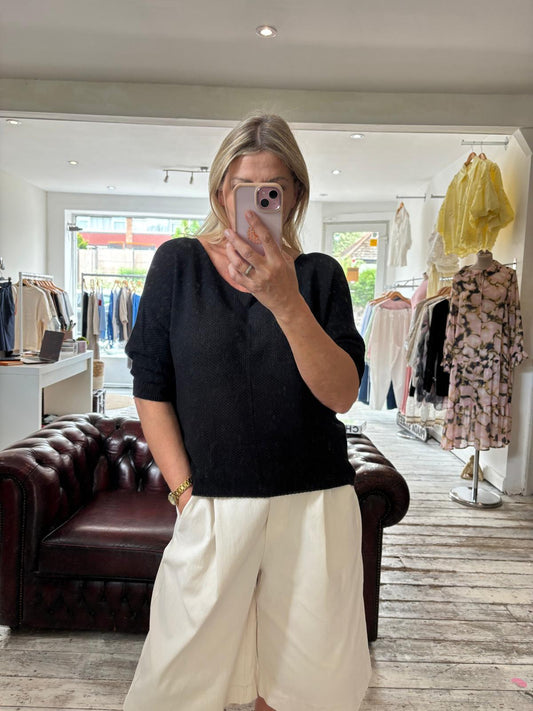 TABITHA V NECK CROCHET TOP IN black