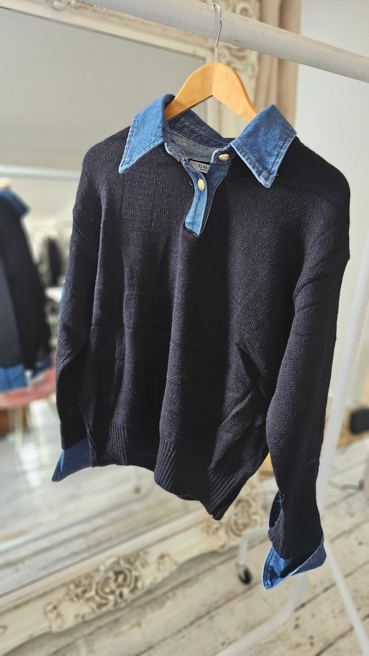 EVELYN DENIM COLLARED & CUFF DETAIL KNITTED TOP IN BLACK