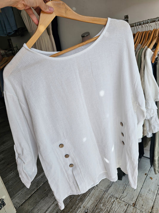 Josie button detail linen blend top in white