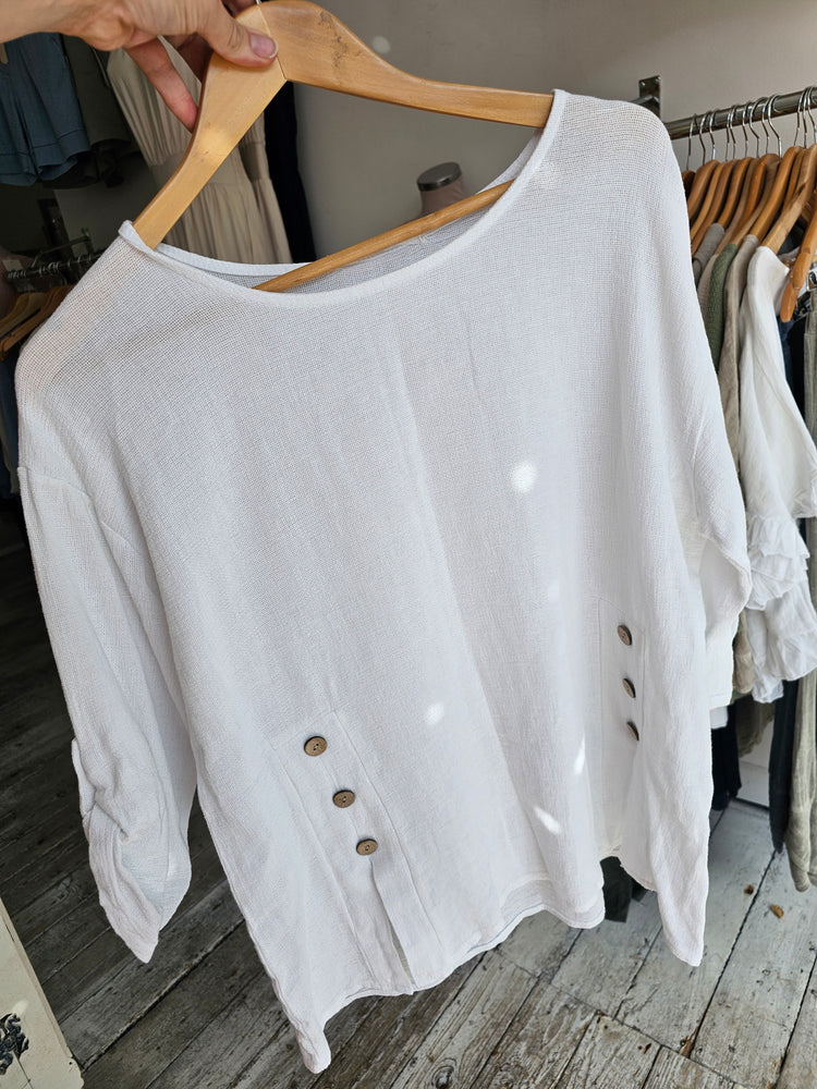 Josie button detail linen blend top in white