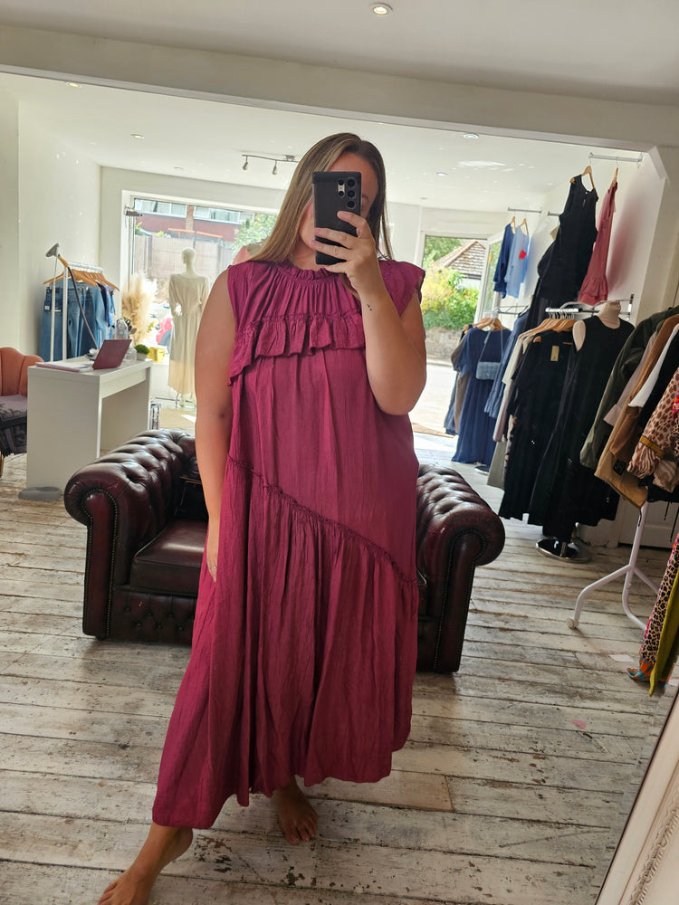 Savannah frill detail midi dress in Raspberry