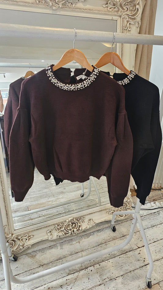 Bridget Diamond Neck Detailed Knit jumper in chocolate