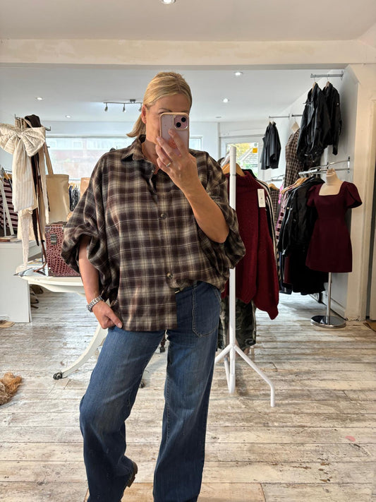 Beth PLAID BALLOON SLEEVE LOOSE FIT SHIRT in Chocolate