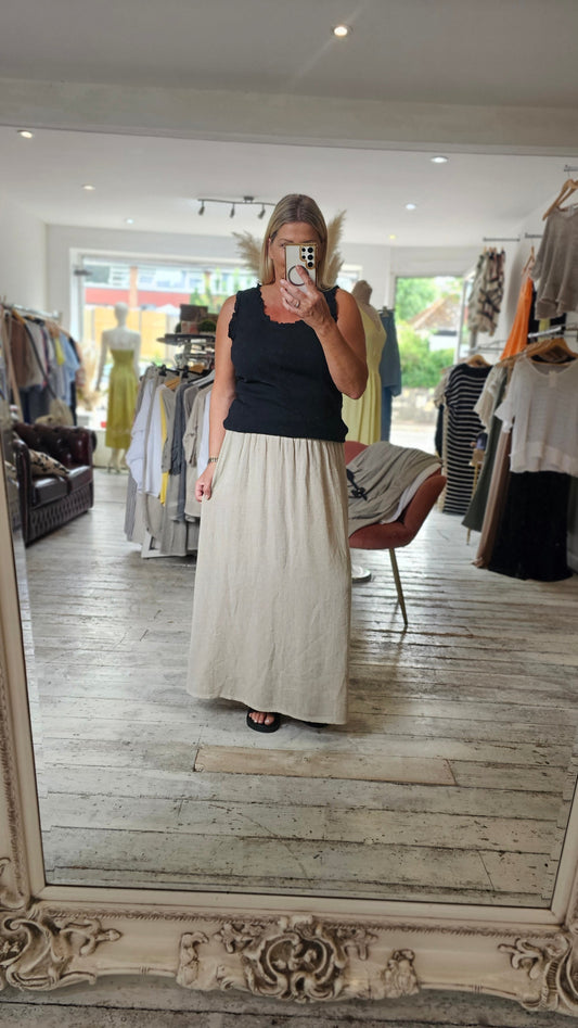 Jasmine Linen Blend Elasticated Waist Skirt in Beige