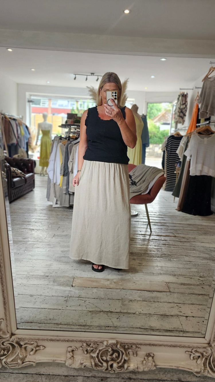 Jasmine Linen Blend Elasticated Waist Skirt in Beige
