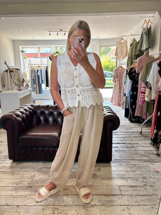 Mia embroidered waistcoat with crochet edging in white