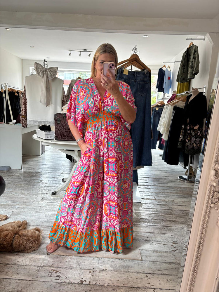 Print Shirred Waist Jumpsuit in hot pink