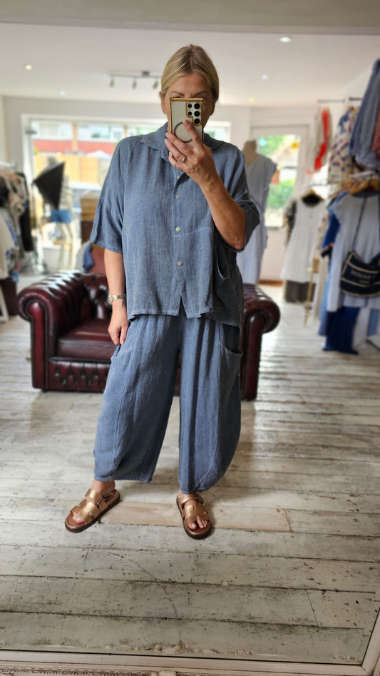 Harper Linen Blend Barrel trouser in denim blue