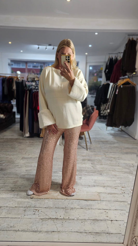 Belle flare leg sequin trousers in rose gold