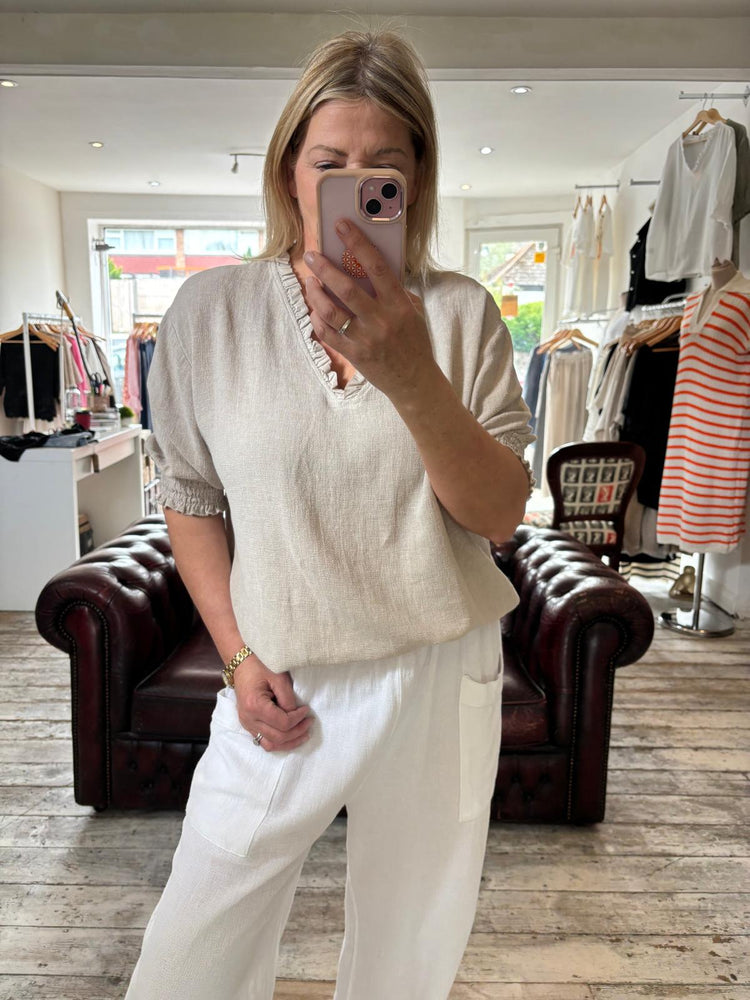 Palmer linen blend frill v-neck top in beige