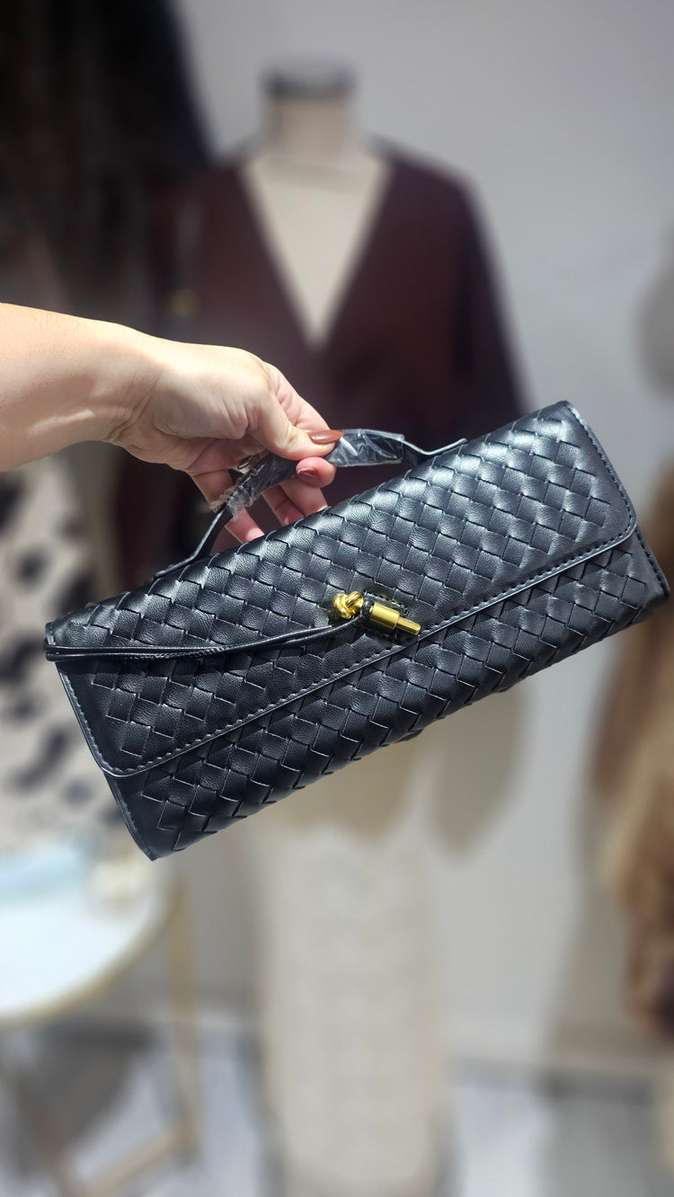 Maddison woven detail clutch with gold details in black