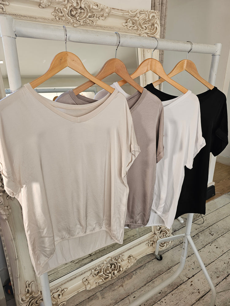 Sadie Satin Style V Neck Top in oyster