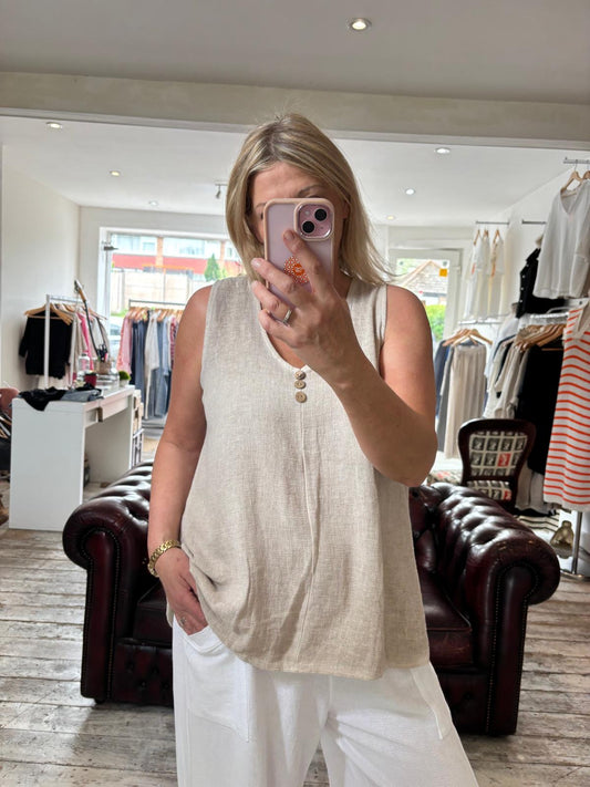 Frankie linen blend button seam vest top in beige