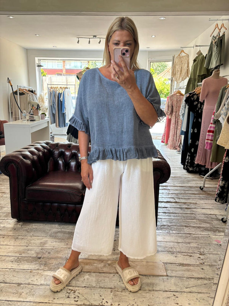 Libby linen ruffle top in Denim blue