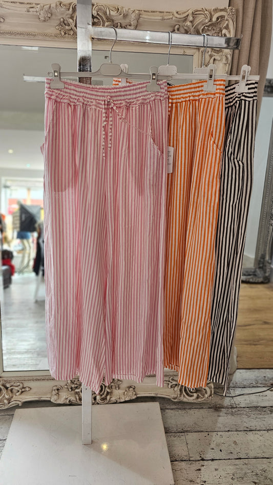 Bridget Wide Leg Stripe Linen Trousers in pink