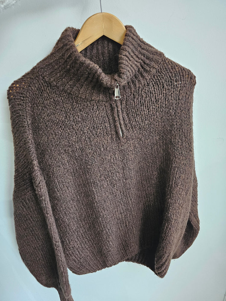 Frankie half zip balloon sleeve knitted jumper in Chocolate