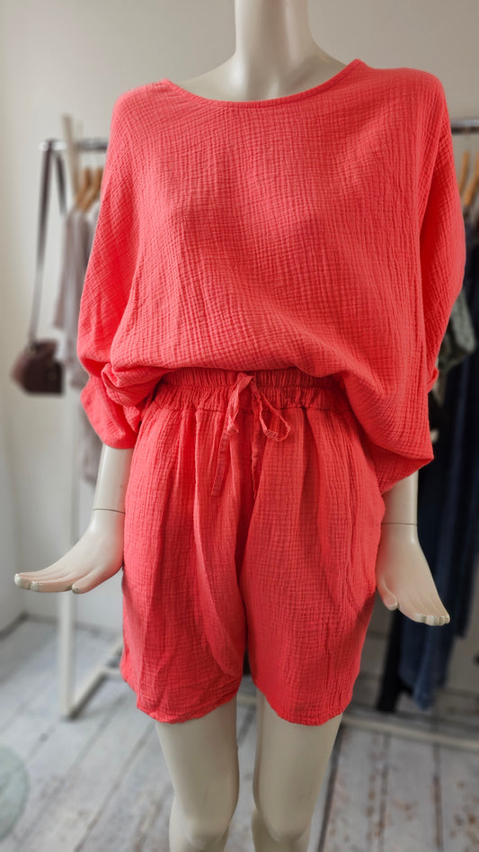 Chelsea Elasticated Waist Cheesecloth Set in Coral