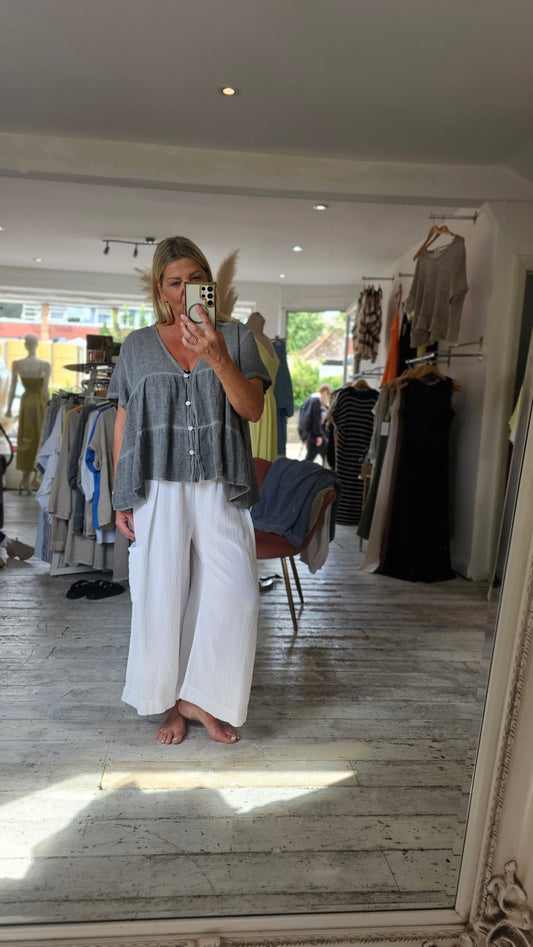 FLORENCE LINEN BLEND BUTTON UP SHIRT IN DARK GREY