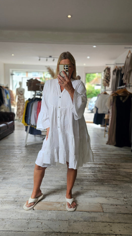Mabel Floral Cotton Embroidered Smock dress in White