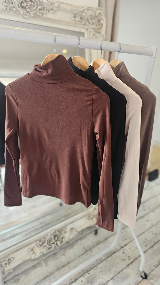 Kimberly high neck viscose stretchy top chocolate