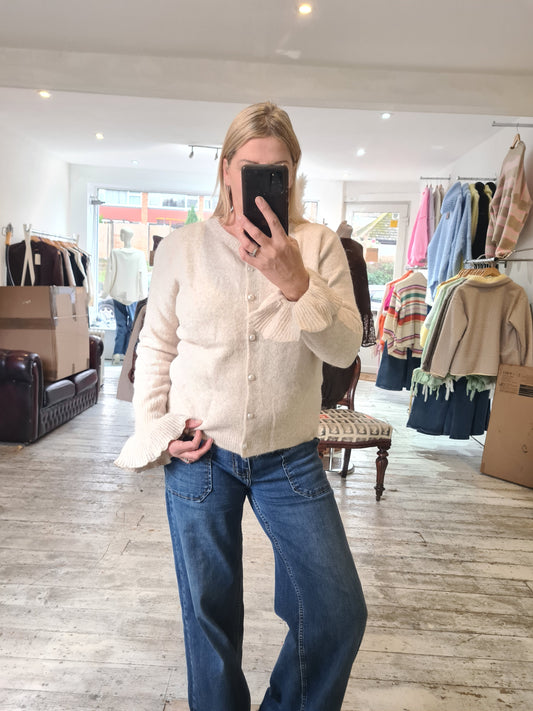 Belle pearl button frill sleeve cardigan in oatmeal