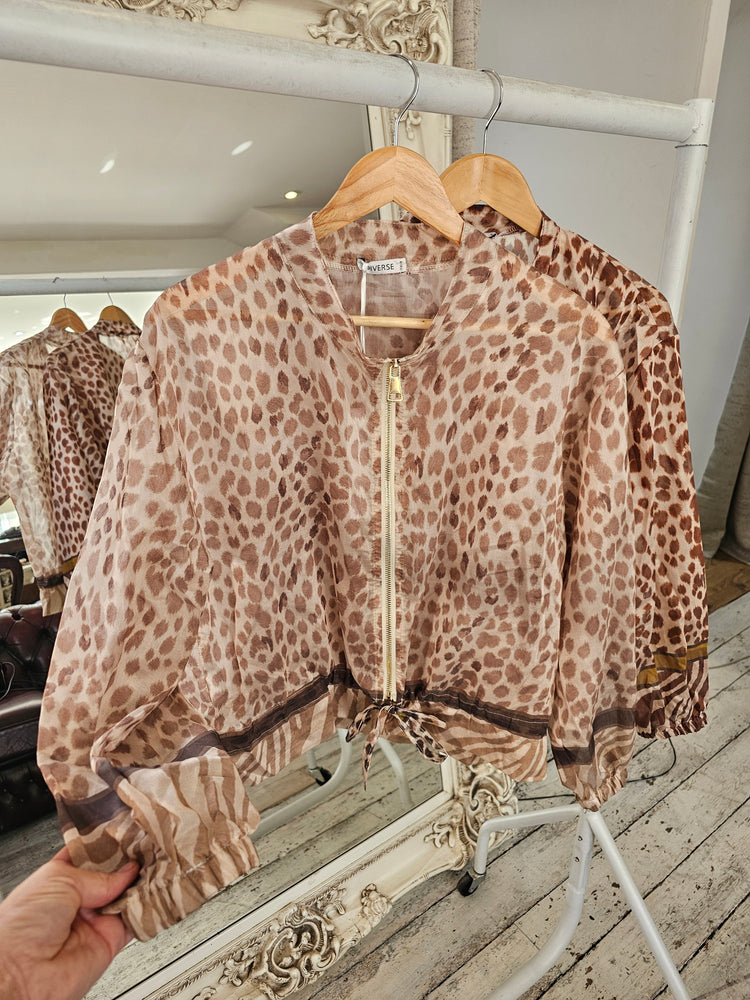 Fern Leopard Print Bomber Jacket in beige
