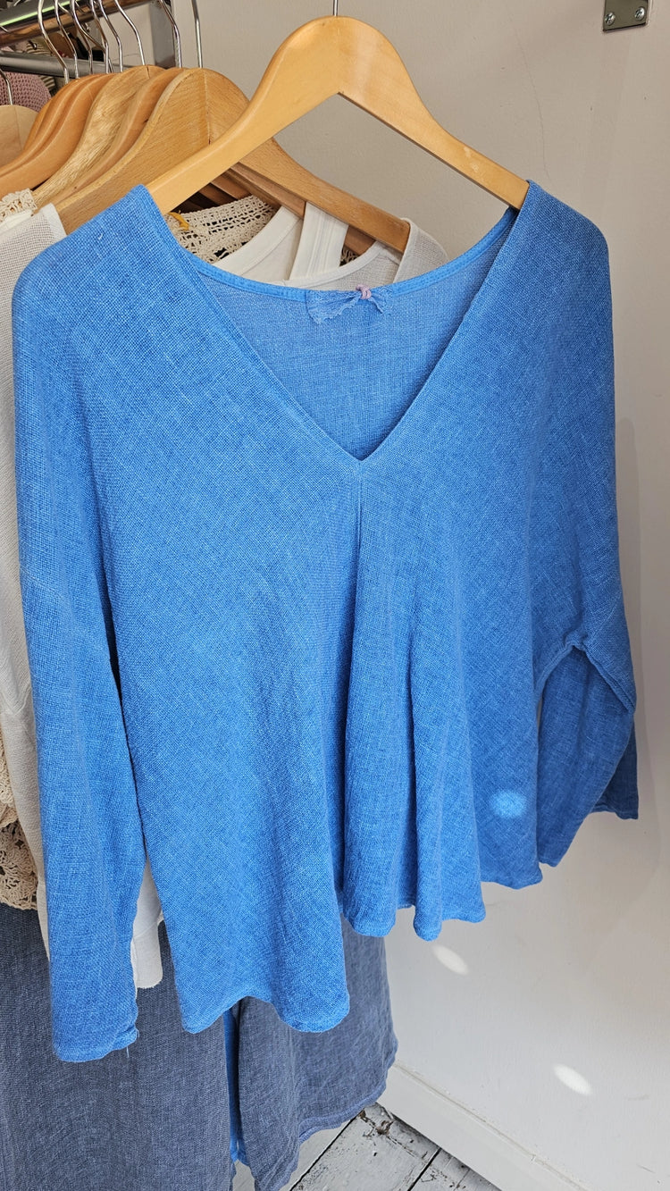 Jade v neck linen blend blouse in cornflower blue