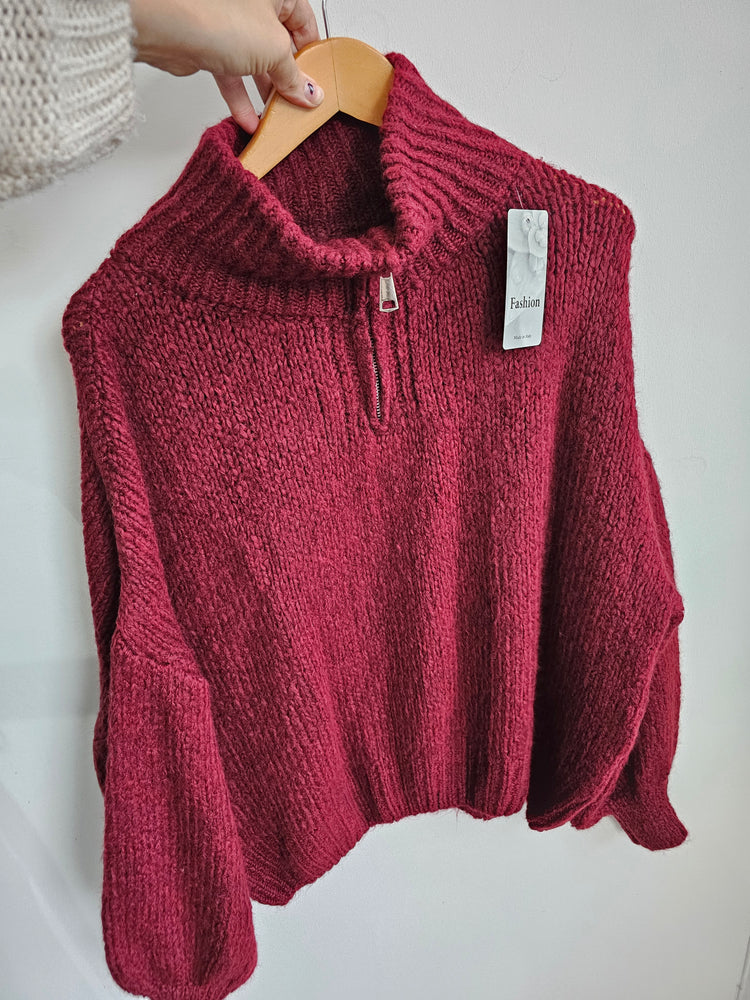 Frankie half zip balloon sleeve knitted jumper in Merlot