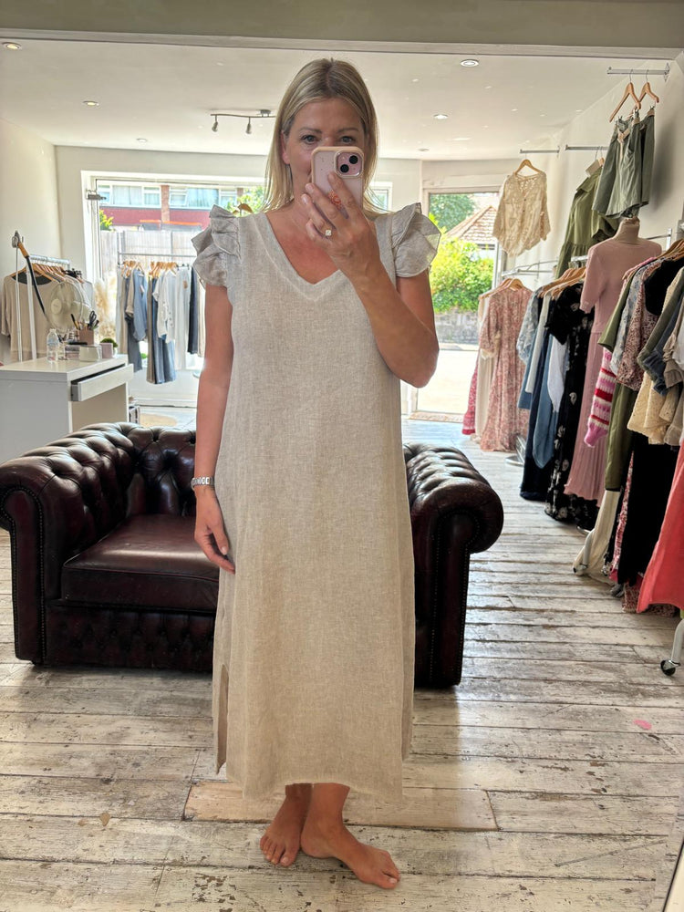 Taylor linen blend frill sleeve midi dress in beige