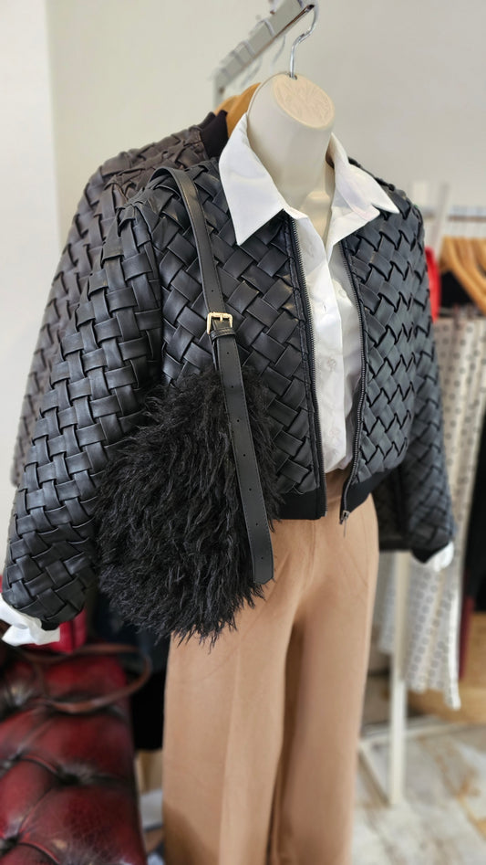 Valentina Woven cropped bomber jacket in black