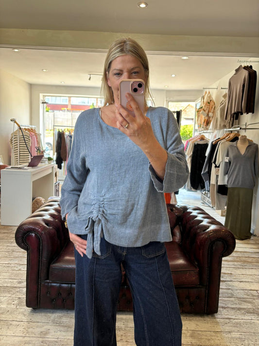 Poppy side ruched linen blend blouse in denim blue
