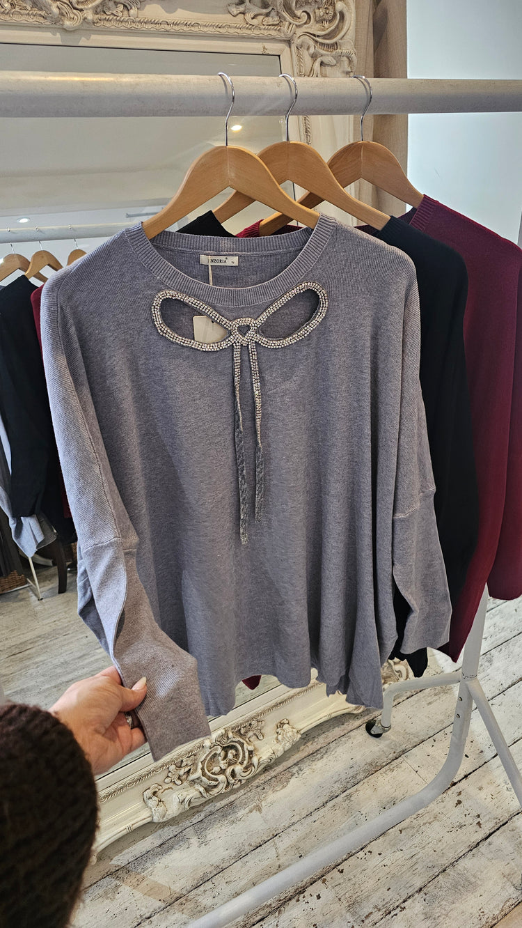 Faith Diamanté bow detail knit jumper in Grey