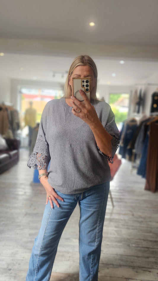 Kristen Lace Sleeve detail fine knit jumper in grey
